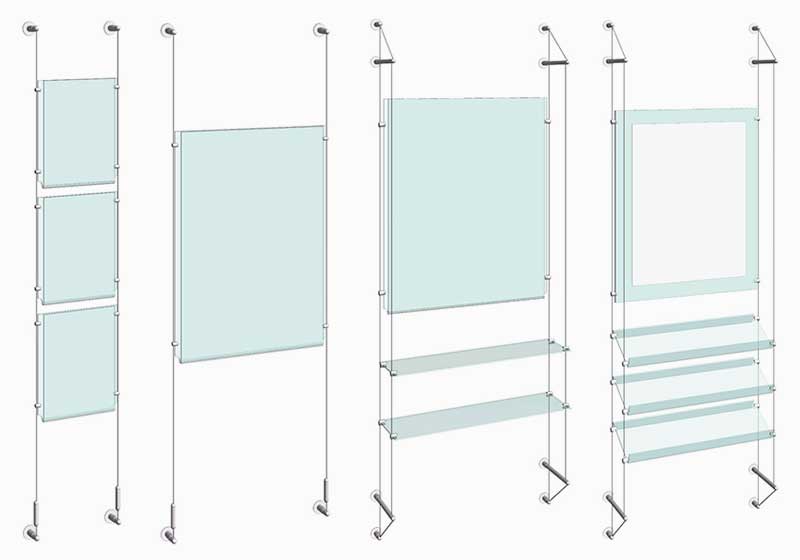 Cable Suspended Easy Access Poster Display Kits with Acrylic Poster Holders and Shelves
