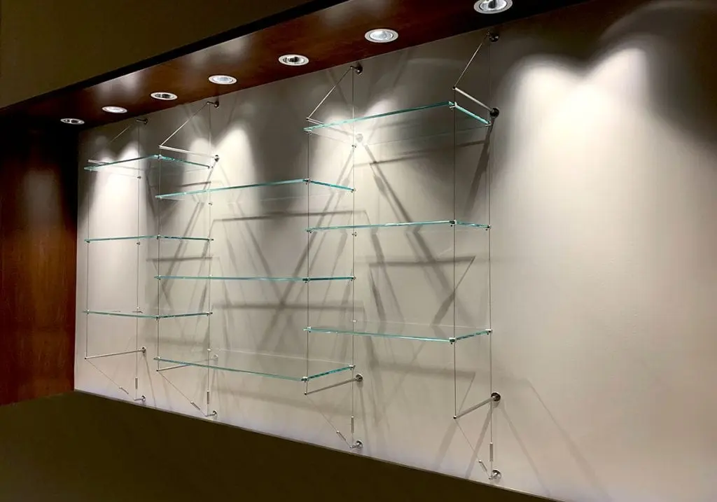 C5025 — Cable Suspended Glass Shelves Wall-to-Wall Mounted